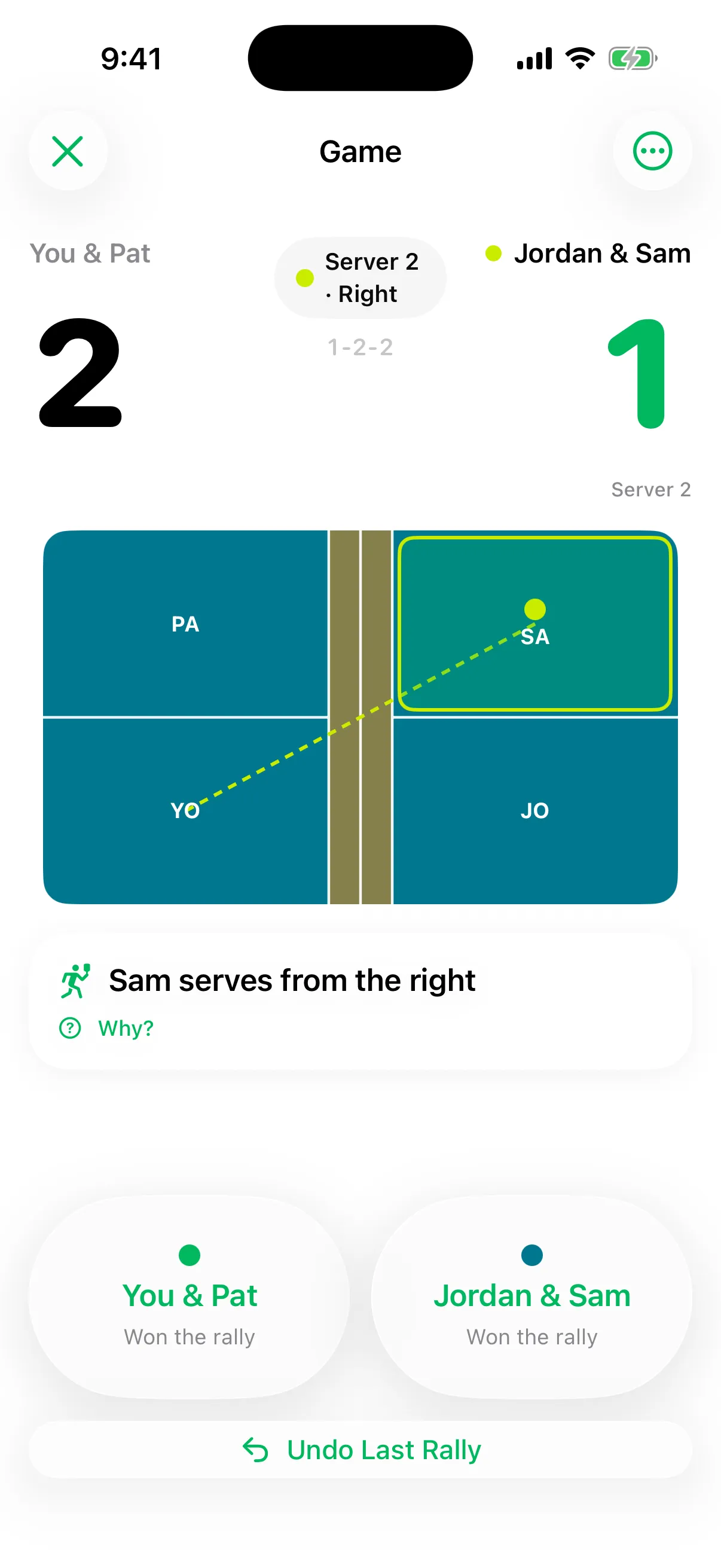 The Dillball scoreboard showing the server, side, and score during a doubles game