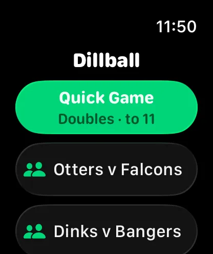 The Dillball Apple Watch start screen with Quick Game and recent teams